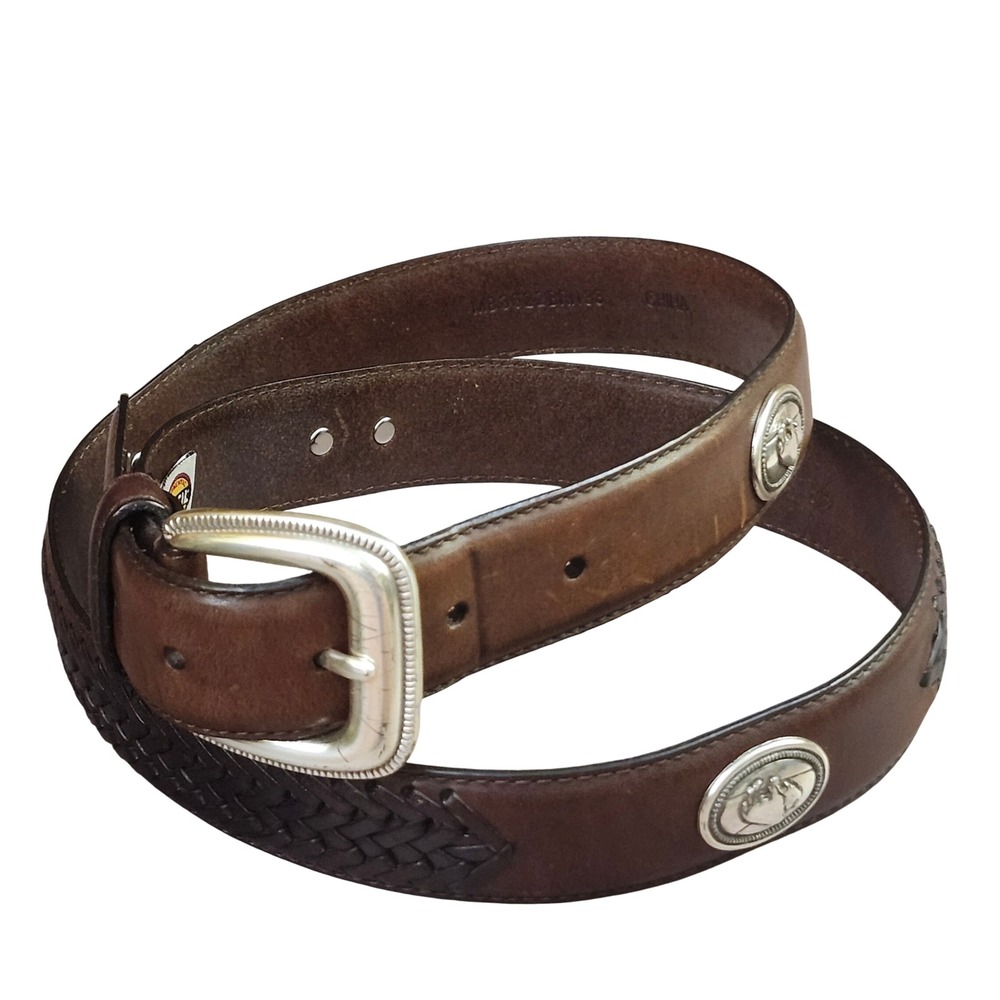 Fossil Mens Brown Leather Western Belt Buffalo Concho Braided Size 38 Ranch